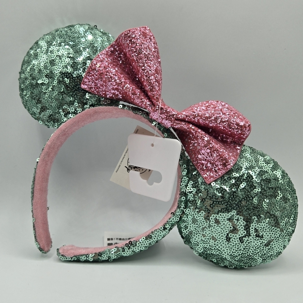 Disney Parks Sugar Rush Sequin Minnie Mouse Ears Headband Mint Green Pink Bow